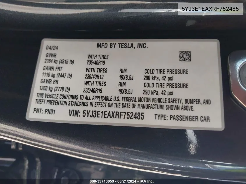 5YJ3E1EAXRF752485 2024 Tesla Model 3 Rear-Wheel Drive