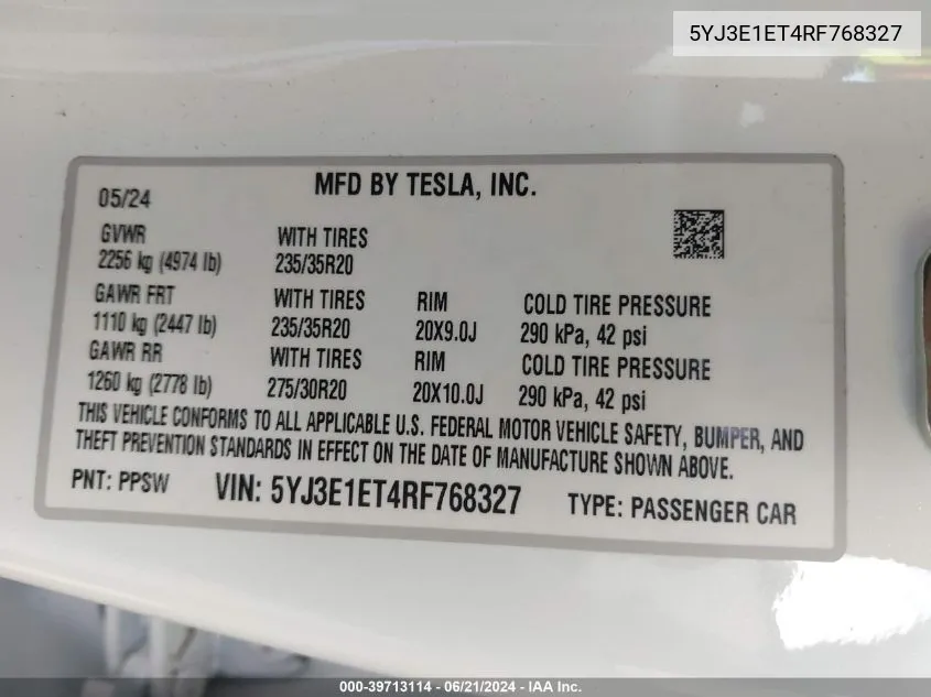 2024 Tesla Model 3 VIN: 5YJ3E1ET4RF768327 Lot: 39713114