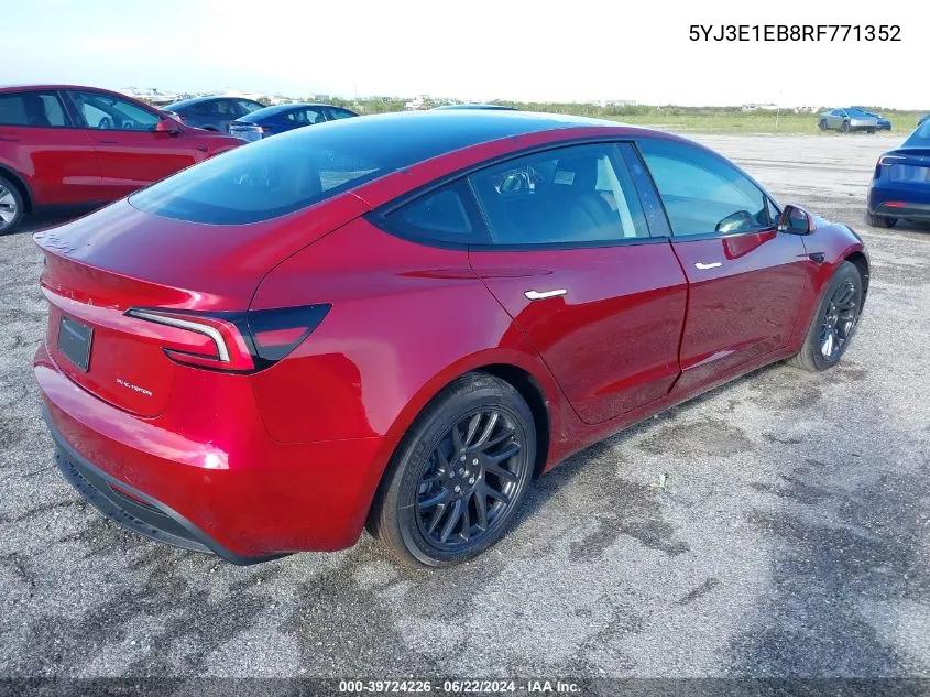 2024 Tesla Model 3 Long Range Dual Motor All-Wheel Drive VIN: 5YJ3E1EB8RF771352 Lot: 39724226