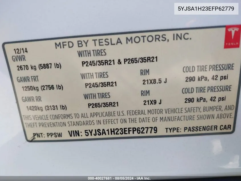 5YJSA1H23EFP62779 2014 Tesla Model S P85D