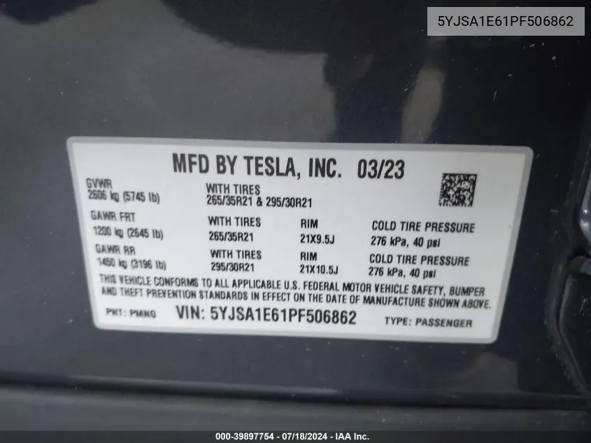 2023 Tesla Model S Plaid Tri Motor All-Wheel Drive VIN: 5YJSA1E61PF506862 Lot: 39897754