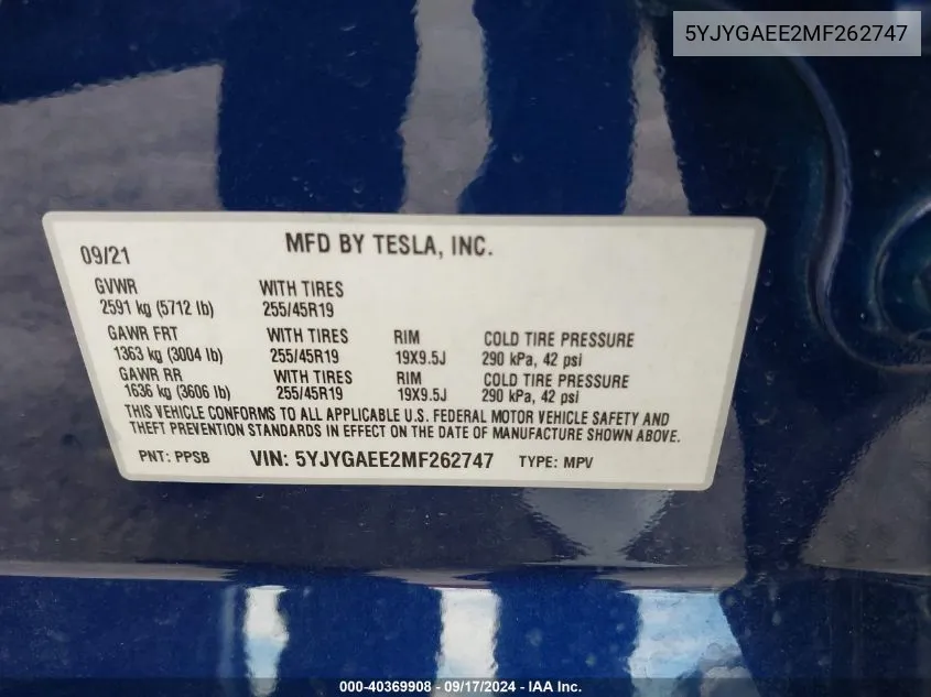 2021 Tesla Model Y Long Range Dual Motor All-Wheel Drive VIN: 5YJYGAEE2MF262747 Lot: 40369908