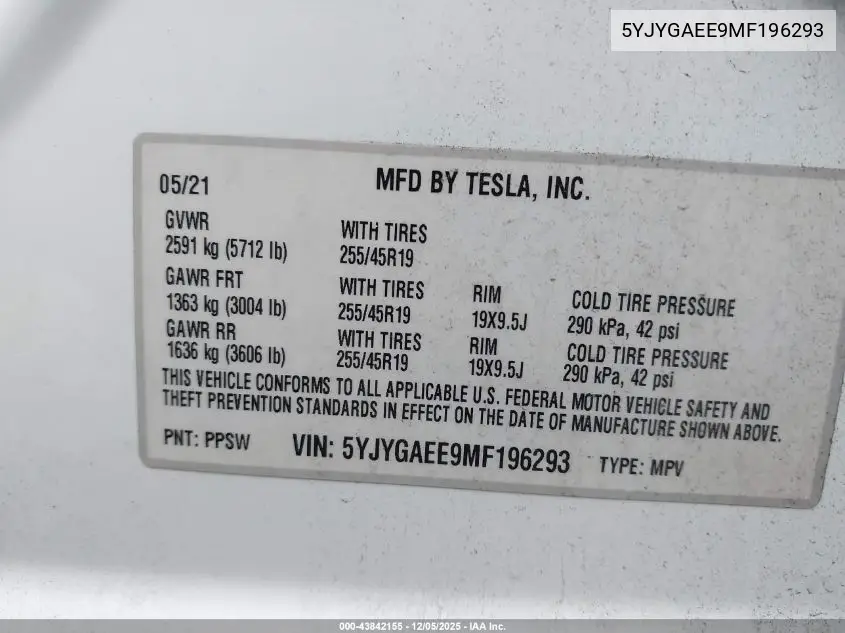 5YJYGAEE9MF196293 2021 Tesla Model Y Long Range Dual Motor All-Wheel Drive