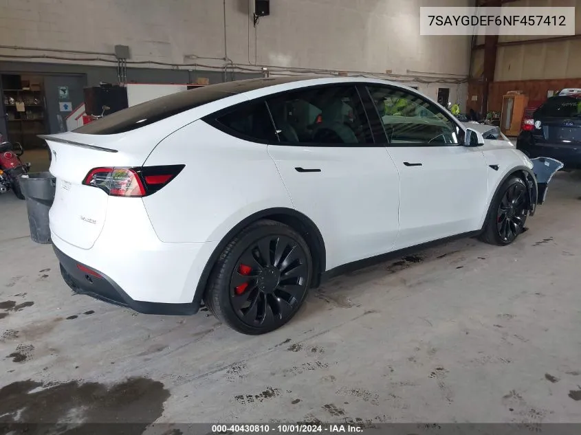 2022 Tesla Model Y Performance Dual Motor All-Wheel Drive VIN: 7SAYGDEF6NF457412 Lot: 40430810