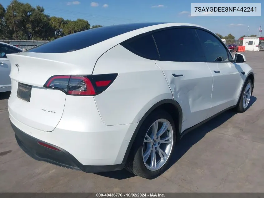 2022 Tesla Model Y Long Range Dual Motor All-Wheel Drive VIN: 7SAYGDEE8NF442241 Lot: 40436776