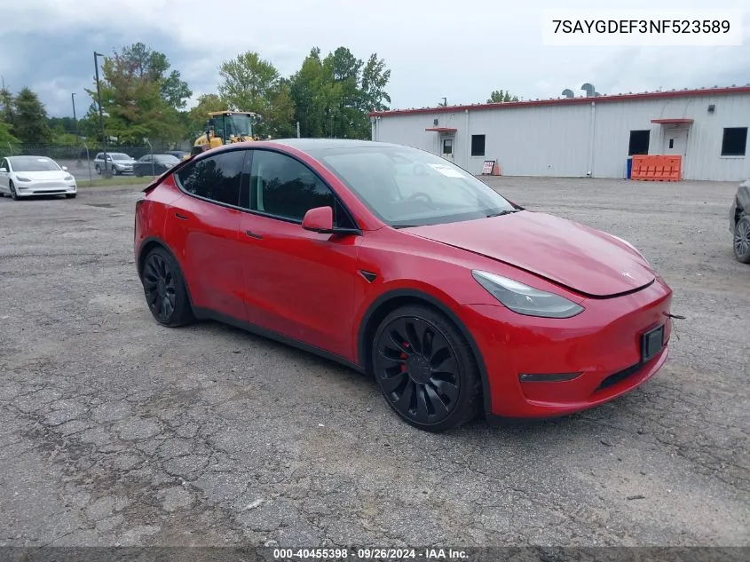 2022 Tesla Model Y Performance Dual Motor All-Wheel Drive VIN: 7SAYGDEF3NF523589 Lot: 40455398