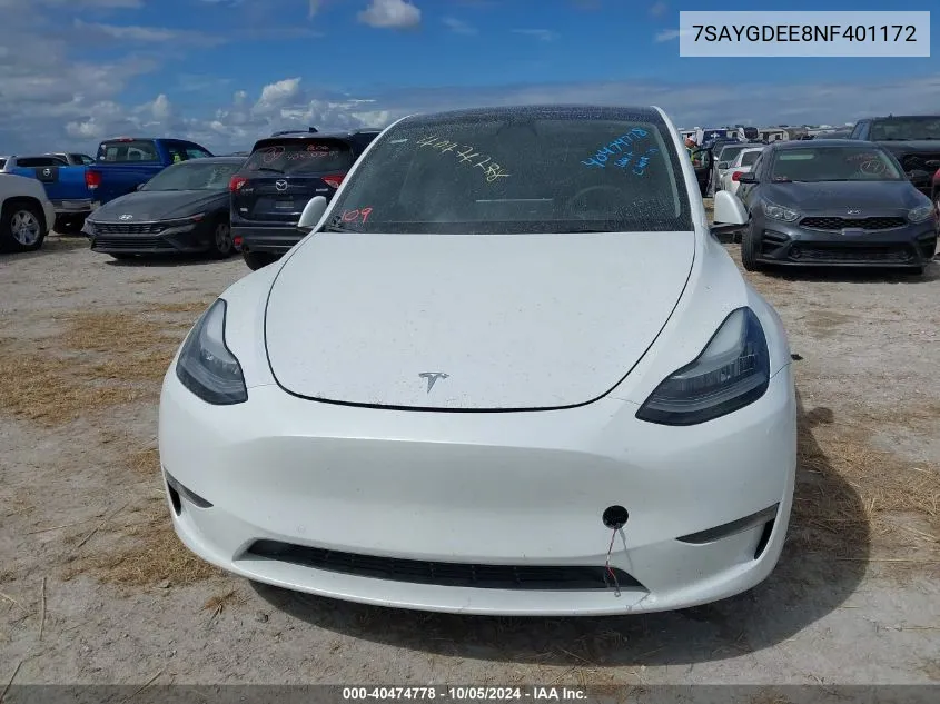 2022 Tesla Model Y Long Range Dual Motor All-Wheel Drive VIN: 7SAYGDEE8NF401172 Lot: 40474778