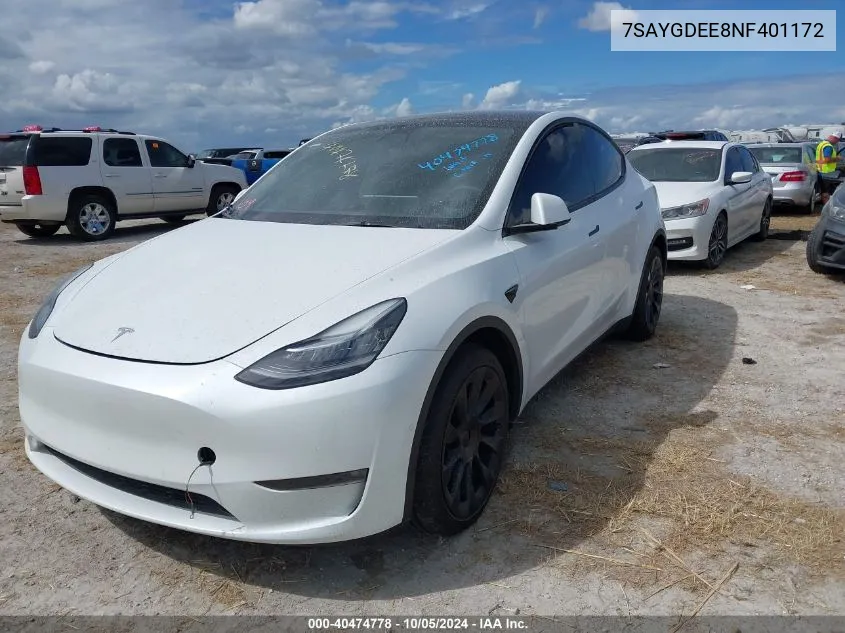 2022 Tesla Model Y Long Range Dual Motor All-Wheel Drive VIN: 7SAYGDEE8NF401172 Lot: 40474778