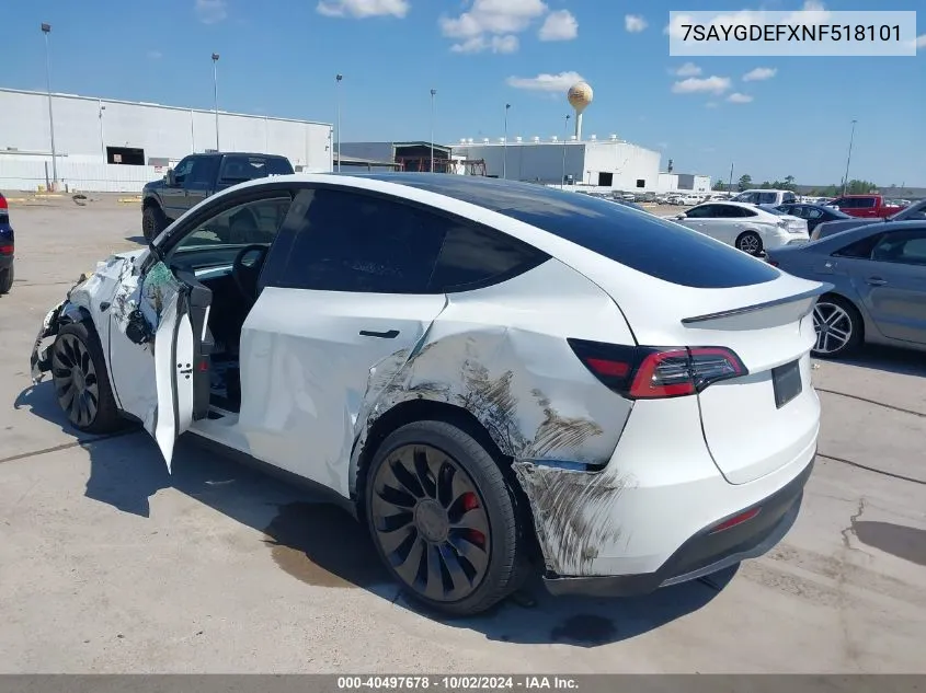 2022 Tesla Model Y Performance Dual Motor All-Wheel Drive VIN: 7SAYGDEFXNF518101 Lot: 40497678