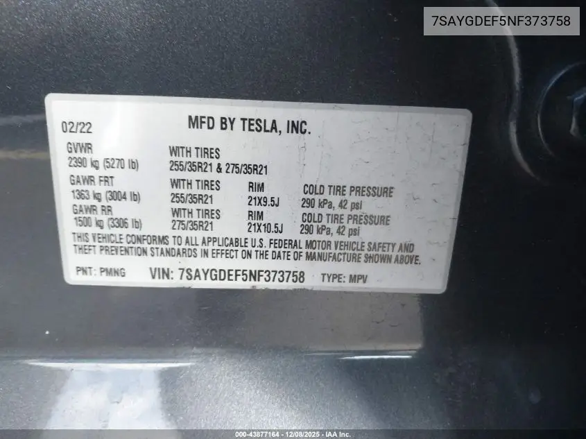7SAYGDEF5NF373758 2022 Tesla Model Y Performance Dual Motor All-Wheel Drive