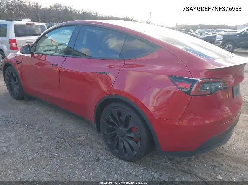 7SAYGDEF7NF376953 2022 Tesla Model Y Performance Dual Motor All-Wheel Drive
