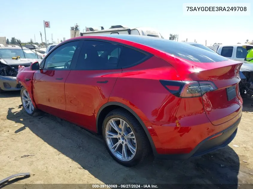 2024 Tesla Model Y Long Range Dual Motor All-Wheel Drive VIN: 7SAYGDEE3RA249708 Lot: 39750069