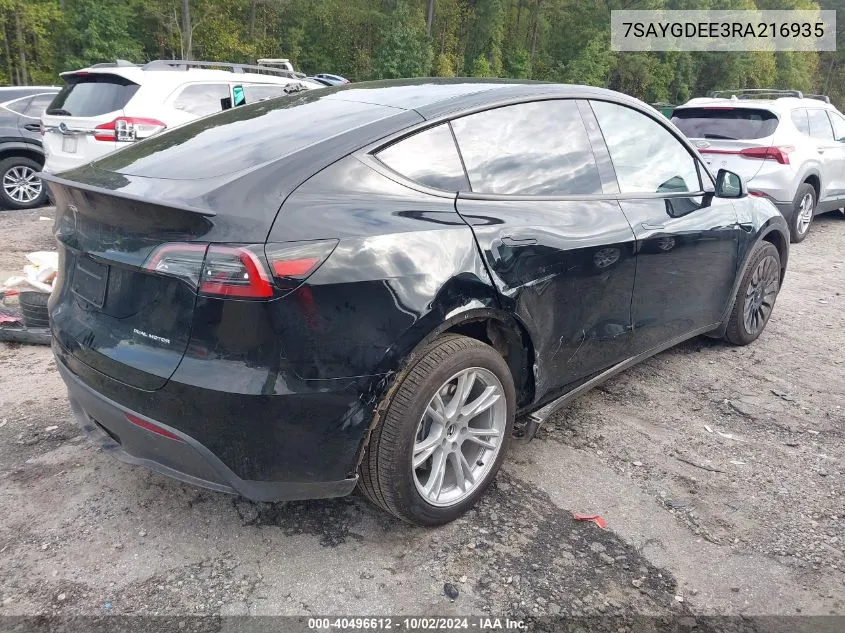 2024 Tesla Model Y Long Range Dual Motor All-Wheel Drive VIN: 7SAYGDEE3RA216935 Lot: 40496612