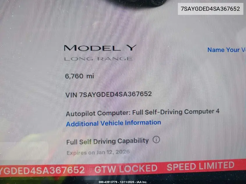 7SAYGDED4SA367652 2025 Tesla Model Y Long Range Dual Motor Rear-Wheel Drive