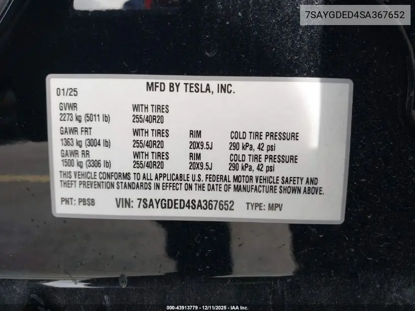 7SAYGDED4SA367652 2025 Tesla Model Y Long Range Dual Motor Rear-Wheel Drive