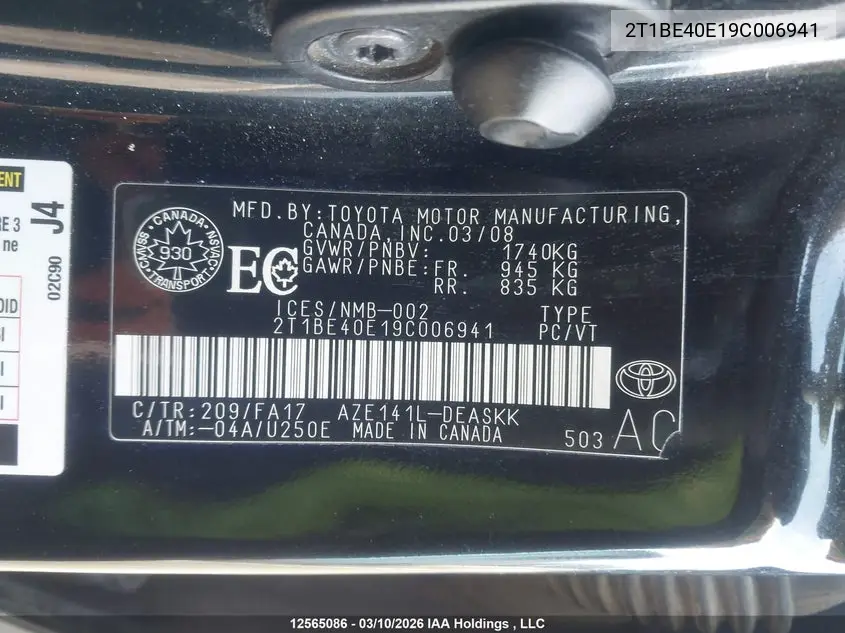 2T1BE40E19C006941 2009 Toyota Corolla Xrs Xrs