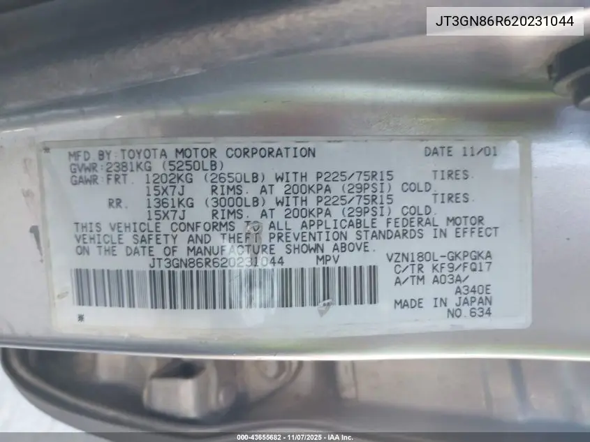 JT3GN86R620231044 2002 Toyota 4Runner Sr5 V6
