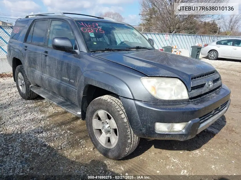 2003 Toyota 4Runner Limited V6 VIN: JTEBU17R638010136 Lot: 41690275