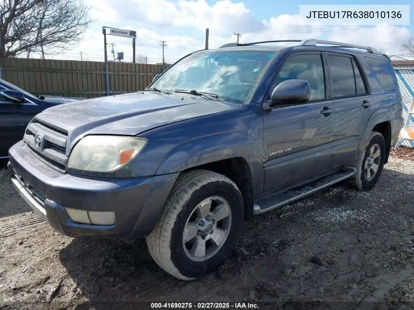 2003 Toyota 4Runner Limited V6 VIN: JTEBU17R638010136 Lot: 41690275