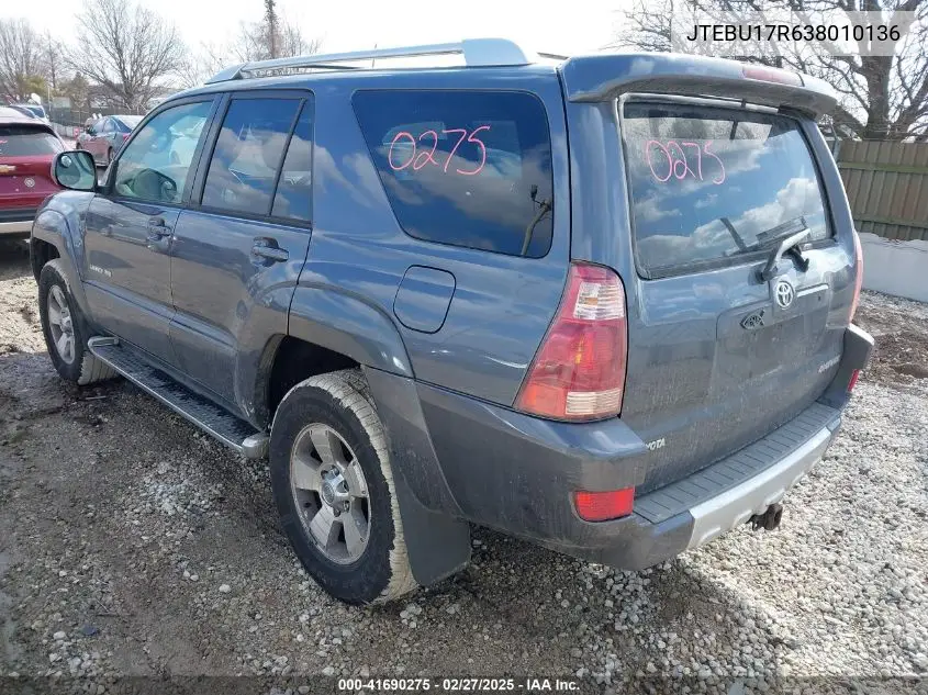 2003 Toyota 4Runner Limited V6 VIN: JTEBU17R638010136 Lot: 41690275