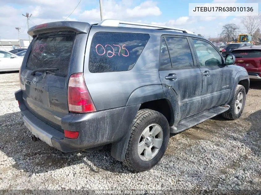 2003 Toyota 4Runner Limited V6 VIN: JTEBU17R638010136 Lot: 41690275