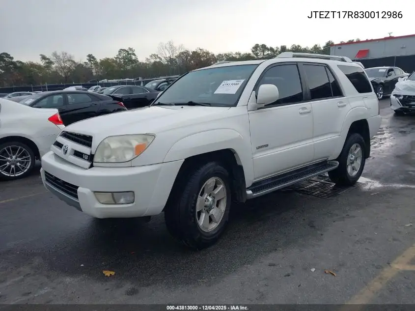 JTEZT17R830012986 2003 Toyota 4Runner Limited V8