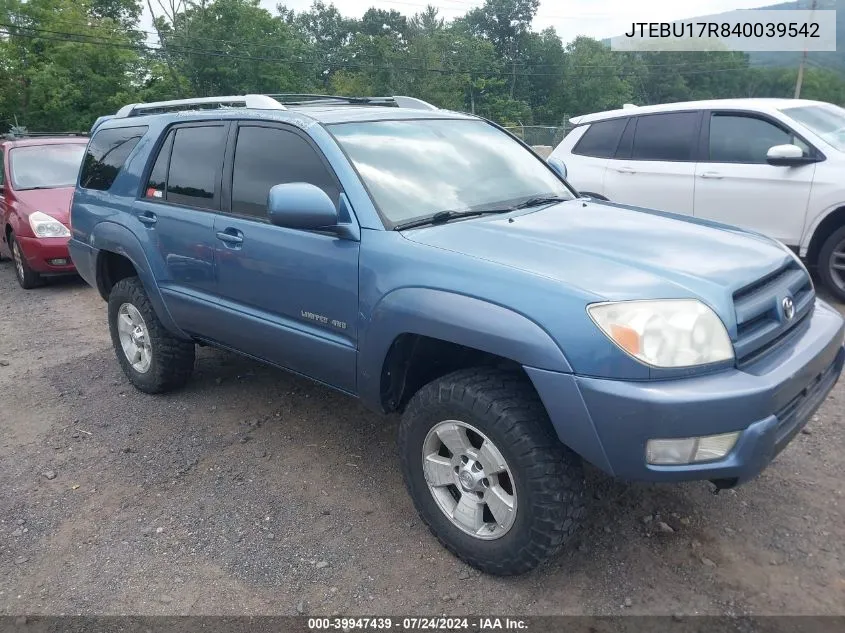 2004 Toyota 4Runner Limited V6 VIN: JTEBU17R840039542 Lot: 39947439