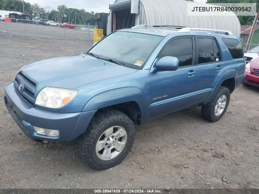 2004 Toyota 4Runner Limited V6 VIN: JTEBU17R840039542 Lot: 39947439