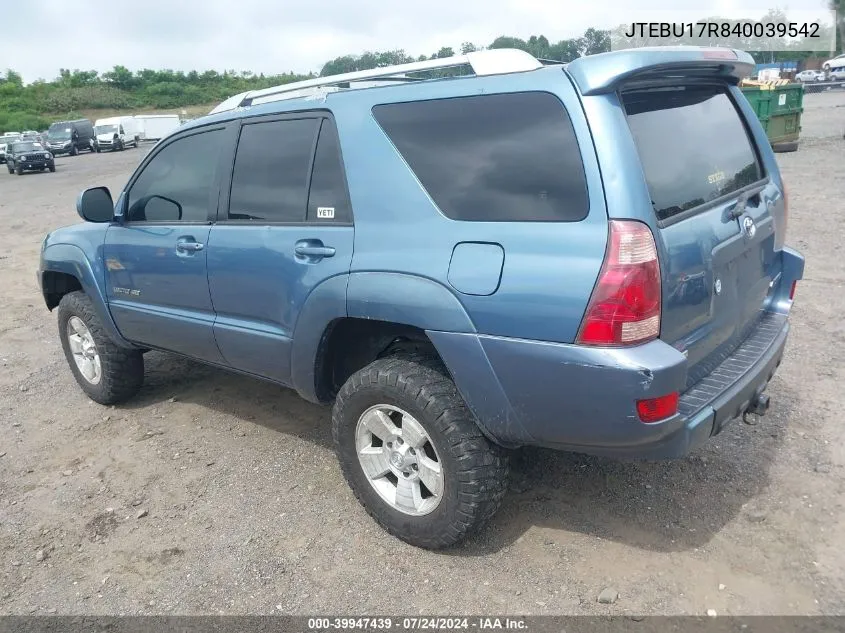 2004 Toyota 4Runner Limited V6 VIN: JTEBU17R840039542 Lot: 39947439