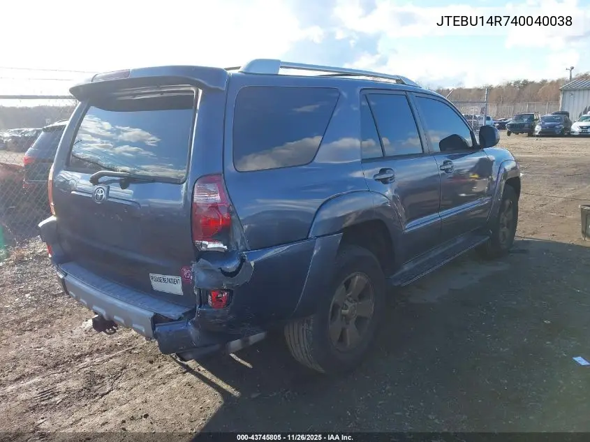 JTEBU14R740040038 2004 Toyota 4Runner Sr5 Sport V6