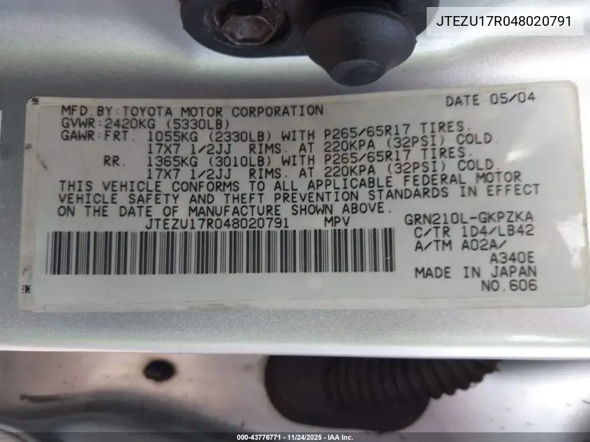 JTEZU17R048020791 2004 Toyota 4Runner Limited V6