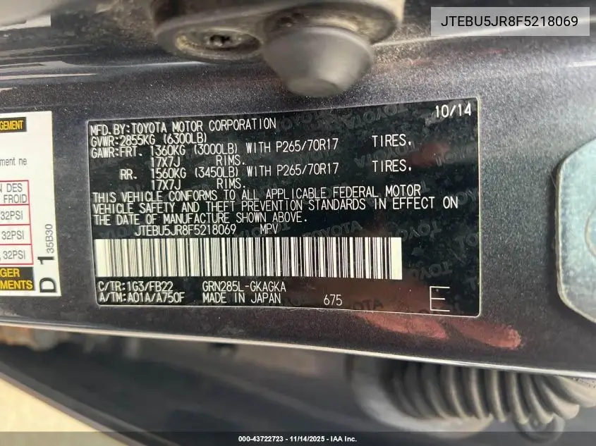 JTEBU5JR8F5218069 2015 Toyota 4Runner Sr5/Sr5 Premium