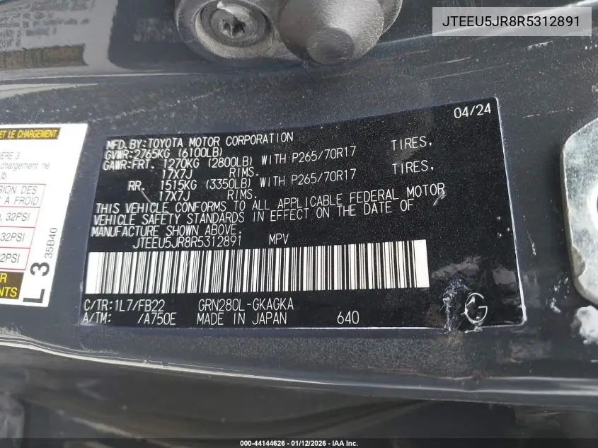 JTEEU5JR8R5312891 2024 Toyota 4Runner Sr5/Trd Sport/Sr5 Premium/Limited