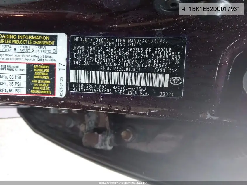 4T1BK1EB2DU017931 2013 Toyota Avalon Xle Premium