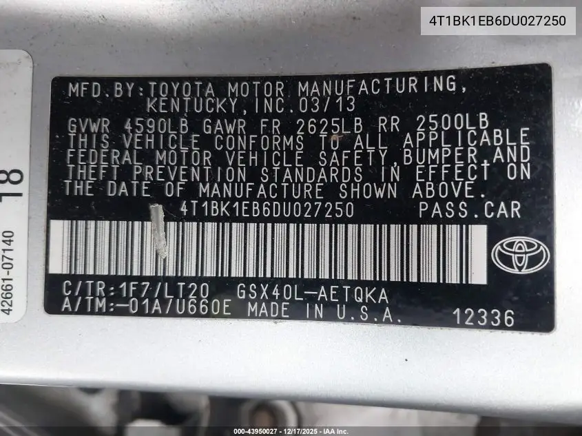 4T1BK1EB6DU027250 2013 Toyota Avalon Xle Touring