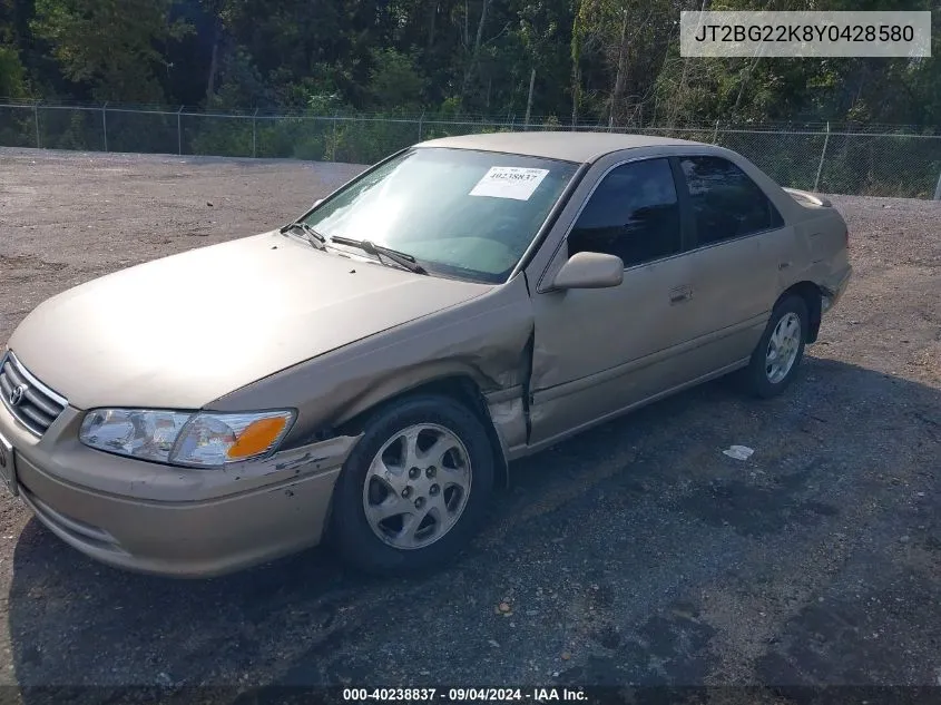 2000 Toyota Camry Le VIN: JT2BG22K8Y0428580 Lot: 40238837