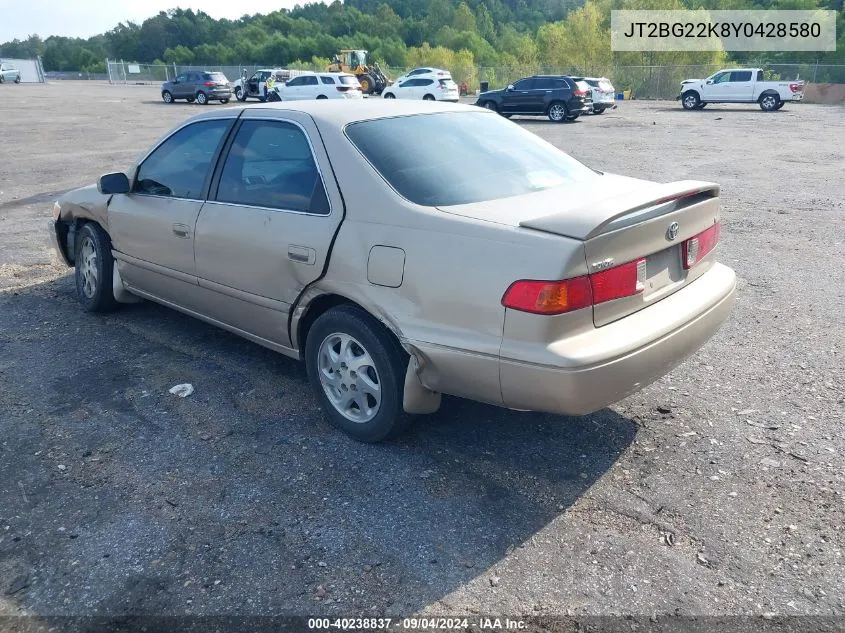 2000 Toyota Camry Le VIN: JT2BG22K8Y0428580 Lot: 40238837