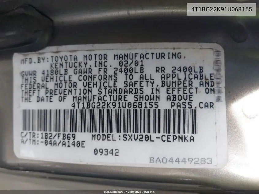 4T1BG22K91U068155 2001 Toyota Camry Le