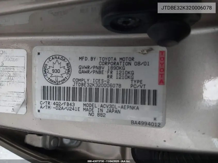 JTDBE32K320006078 2002 Toyota Camry Le/Xle