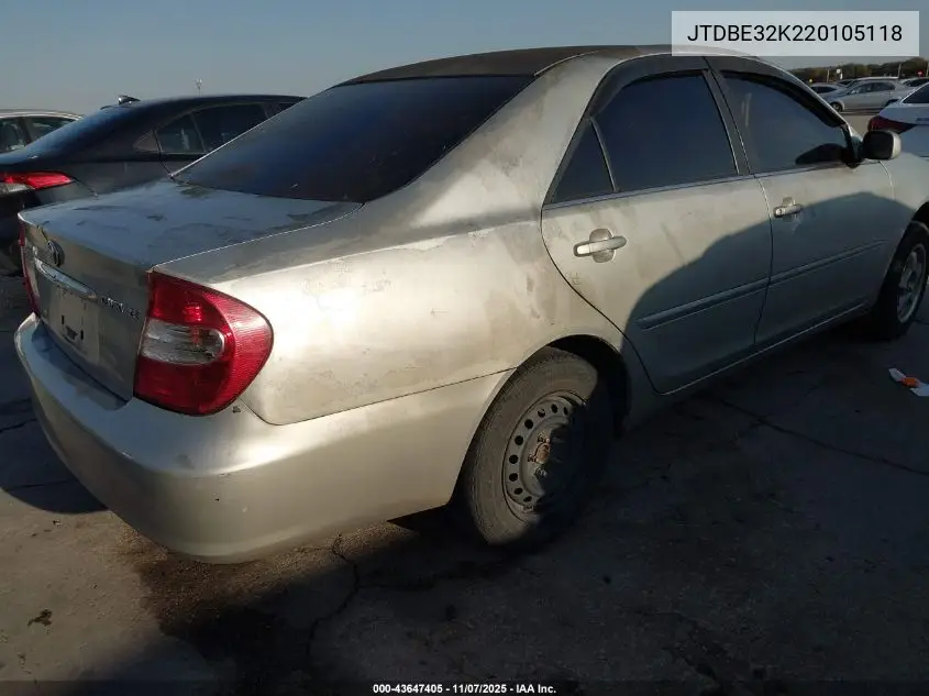 JTDBE32K220105118 2002 Toyota Camry Le