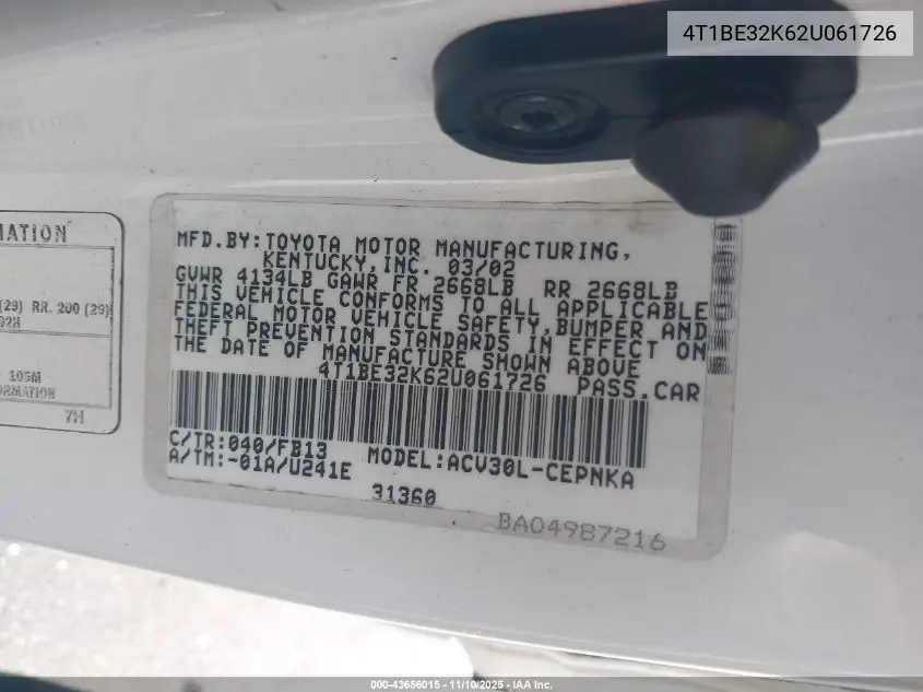 4T1BE32K62U061726 2002 Toyota Camry Le