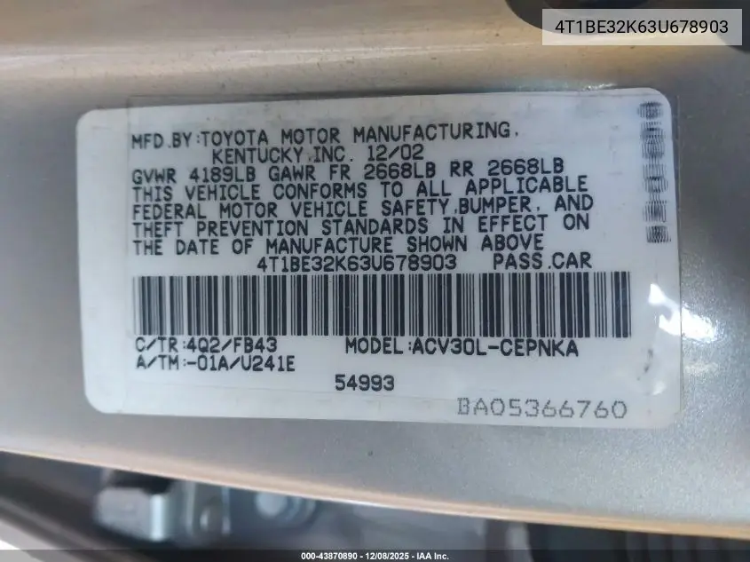 4T1BE32K63U678903 2003 Toyota Camry Le