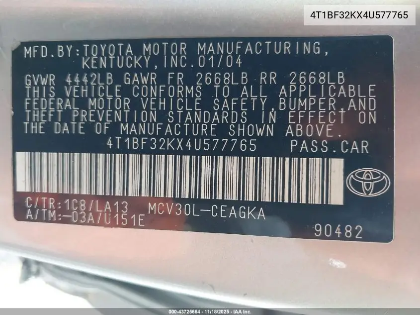 4T1BF32KX4U577765 2004 Toyota Camry Xle V6
