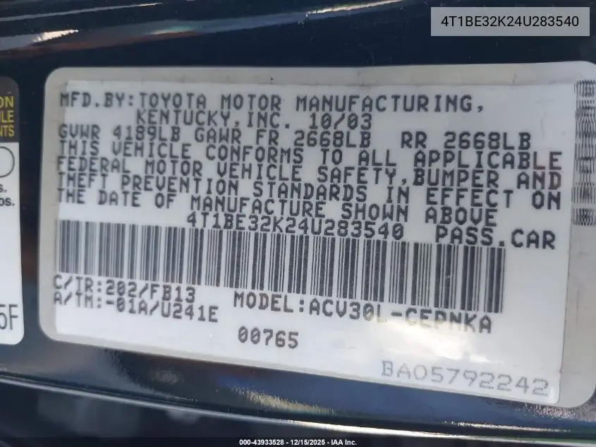 4T1BE32K24U283540 2004 Toyota Camry Le