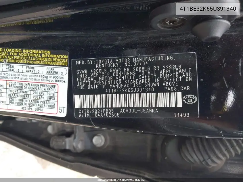 4T1BE32K65U391340 2005 Toyota Camry Std