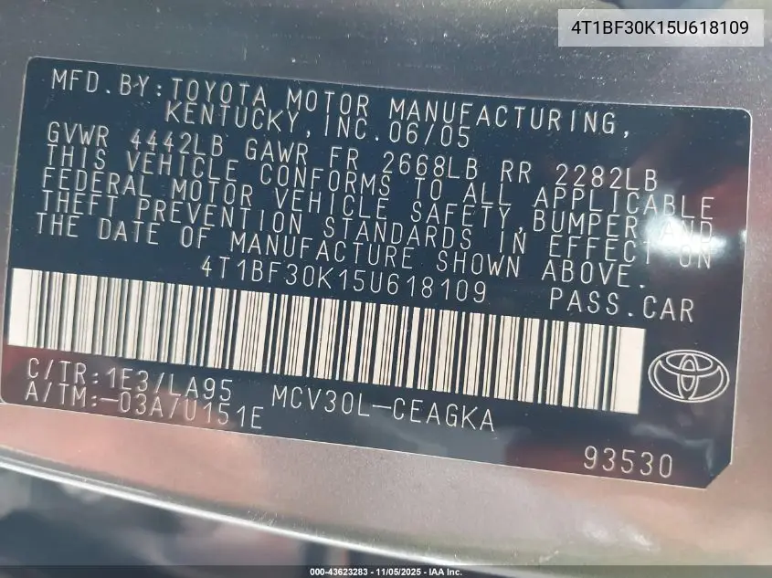 4T1BF30K15U618109 2005 Toyota Camry Xle V6