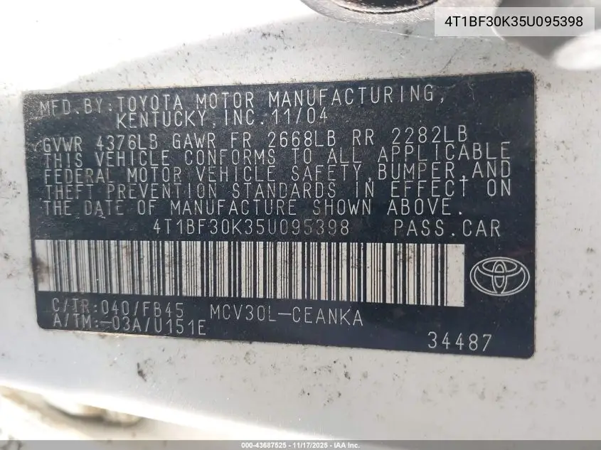 4T1BF30K35U095398 2005 Toyota Camry Le V6
