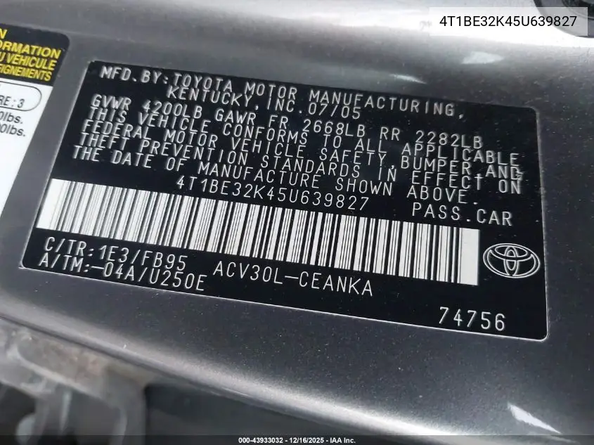 4T1BE32K45U639827 2005 Toyota Camry Le