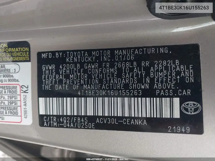 4T1BE30K16U155263 2006 Toyota Camry Le