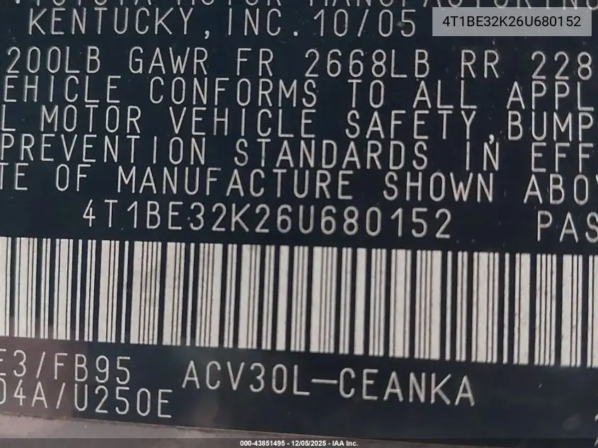 4T1BE32K26U680152 2006 Toyota Camry Std